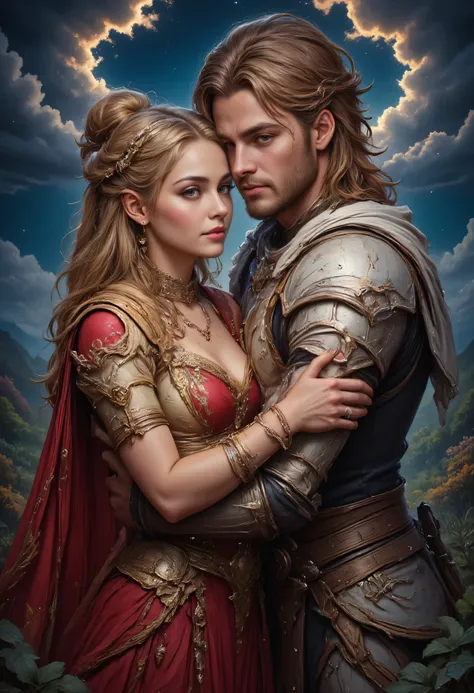 fantasy art, a picture of a fantasy female elf, beautiful female elf, best detailed face, wearing red dress, silk dress, intricate dress, holding, blond hair, blue eyes, hugging a male elf man, muscular male elf, best detailed face, wearing white armor, re...