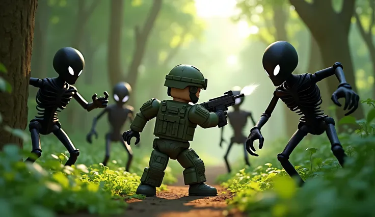 Draw me a Roblox soldier in the forest fighting skinny black monsters with white eyes
