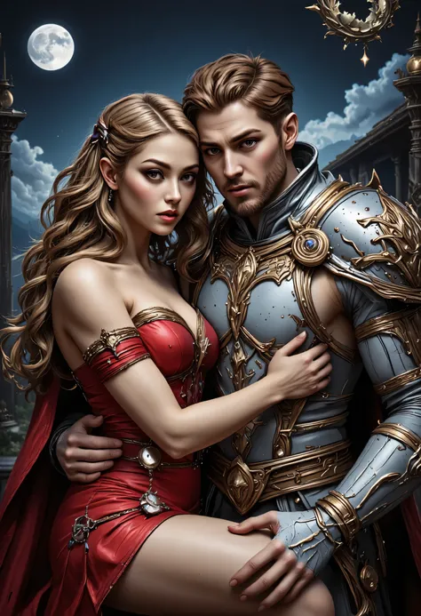 fantasy art, a picture of a fantasy, beautiful female vampire, best detailed face, wearing red dress, silk dress, intricate dress, pale skin, blond hair, glowing eyes blue eyes, hugging a  man, muscular man, best detailed face, wearing white armor, red hai...