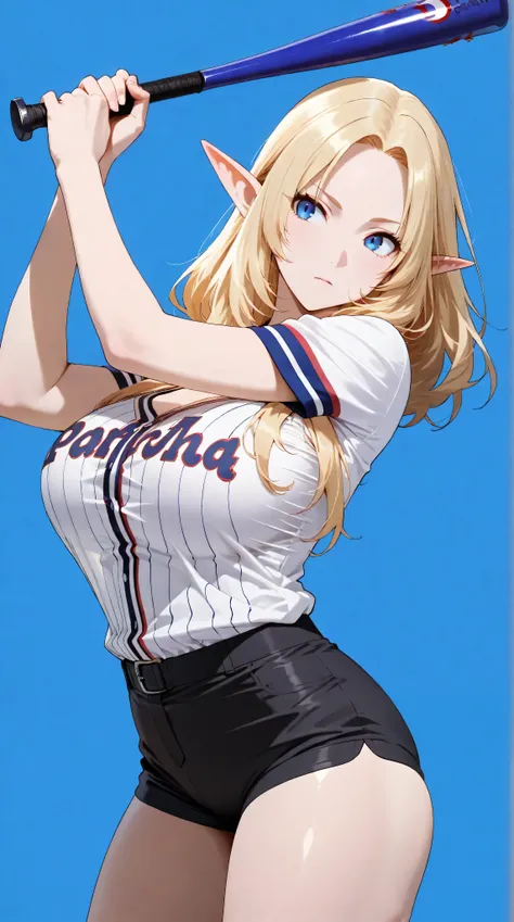 alpha,blue eyes, blonde hair, pointy ears,black shorts,white shirt, sexy legs,perfect body,large breasts,soft light, high detailed, best quality, upper body, holding a bat baseball,blue plain background ,blue background,front look