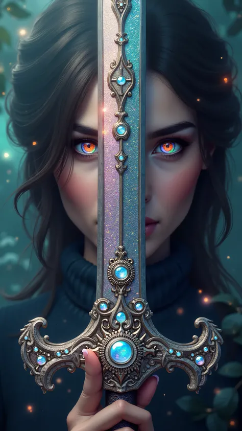 Extra large sword, adorned with diamonds, In the background very beautiful woman with bright rainbow-colored eyes 