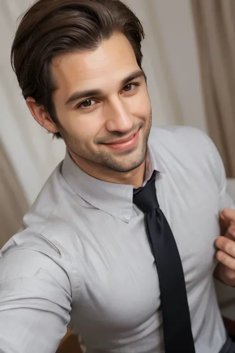 portrait of a 32 year old man dark brown hair, attractive light brown eyes, soft hair, muscular, full body, masculine, mature, straight hair short style, medium muscular, d&d, gray dress shirt (cotton) black dress pants, smile, elegant, highly detailed, ar...