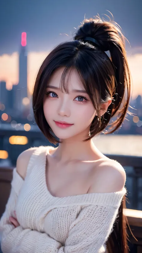 ((( Face Up )))、((( brown, Shoulder length, straight short bob taken by someone)))、((( with the New York skyline in her background 、 pose like a model in a beauty salon。.)))、(((Casual black long sleeve winter clothing)))、Half Japanese、Half Korean 、 18 ye...
