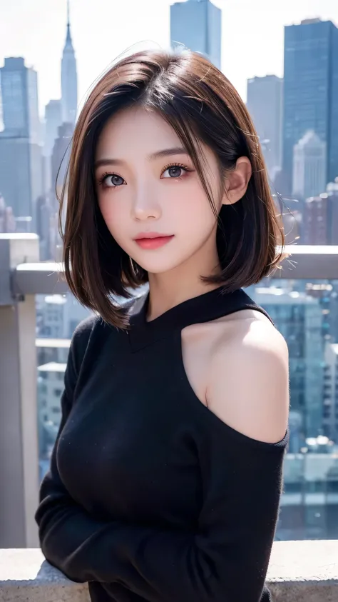 ((( Face Up )))、((( brown, Shoulder length,  straight short bob taken by someone)))、((( with the New York skyline in her background 、 pose like a model in a beauty salon。.)))、(((Casual black long sleeve winter clothing)))、Half Japanese、Half Korean 、  18 ye...