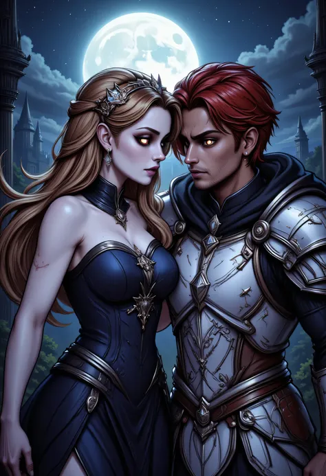 fantasy art, a picture of a fantasy, beautiful female vampire, best detailed face,  pale skin, blond hair, glowing eyes, red eyes, wearing blue dress, silk dress, intricate dress, hugging a  man, muscular man, best detailed face, wearing white armor, red h...