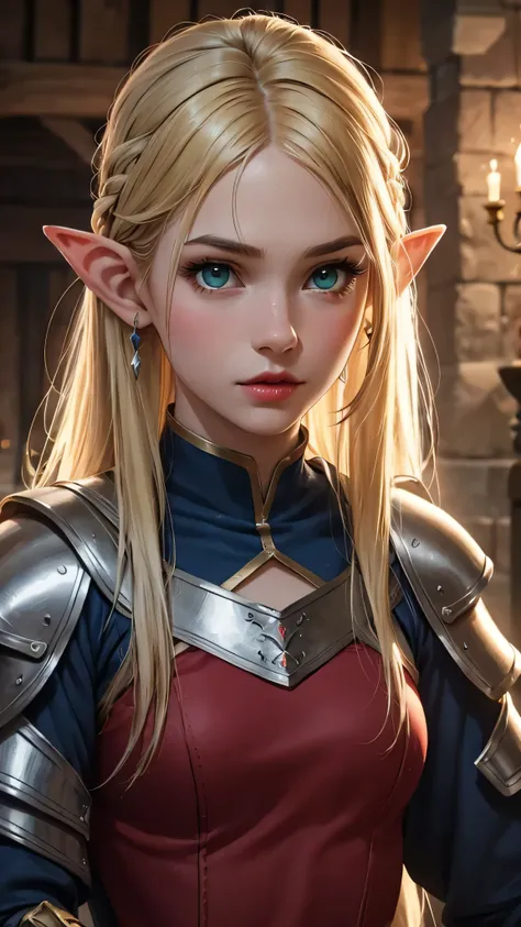 RAW, professional photograph, medium shot, photorealistic, hyper-realistic, ray tracing, super detail, UHD, 8k, female elf, twenty years old, athletic body, soft facial features, blonde hair, long hair, straight hair, green eyes, red lips, medieval-fantasy...