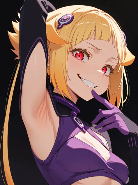 masterpiece, best quality, amazing quality, 1girl, solo, CEL, AnFit, red eyes, blonde hair, purple crop top, purple gloves, detached sleeves, hair ornament, cleavage cutout, arm behind head, armpit, (head towards viewer, looking at viewer:1.2), anime color...