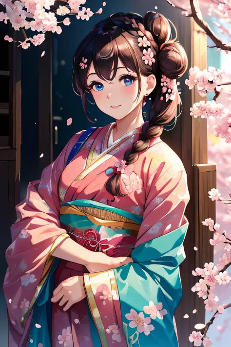 (Cherry blossom trees:1.3),(Cherry blossom petals fluttering all over the sky ),( Ultra ( floral hair ornament,Floral braided top knot, twist side part ponytail , braided headband with floral decoration , half up、Floral braided space buns, voluminous fisht...