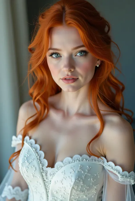  beautiful red-haired girl with blue eyes,  big and beautiful breasts, beautiful face, angelic and tender look ,  perfect makeup , Wearing a wedding dress at a photo shoot 