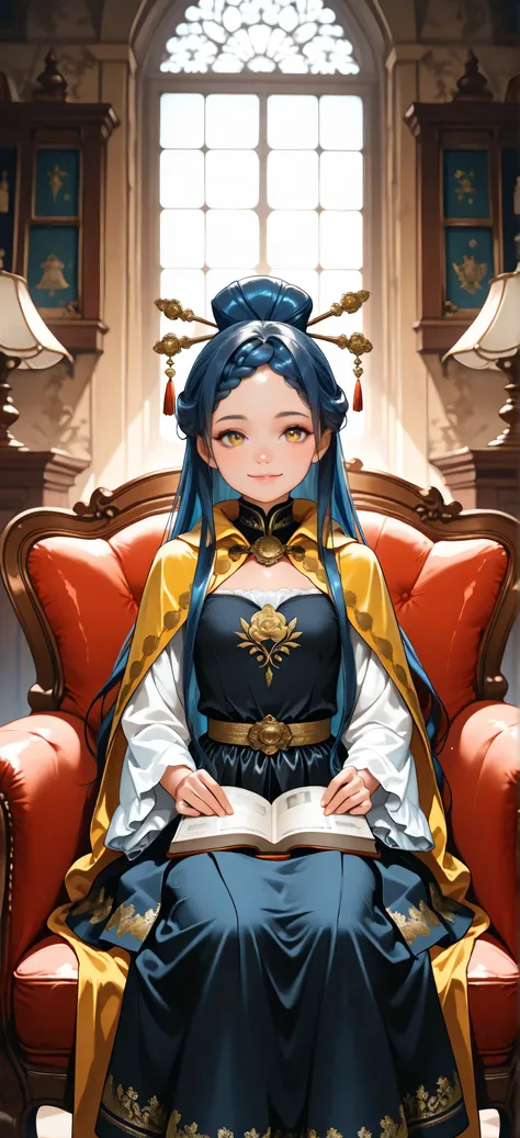 (A grand European castle common room,bookcases , window casting warm light, rich white stone walls, and intricate tapestries:1),(medium breasts :1),(very long hair,super straight glossy hair,dark blue hair,bright golden eyes,braided bangs,hair stick,soft s...