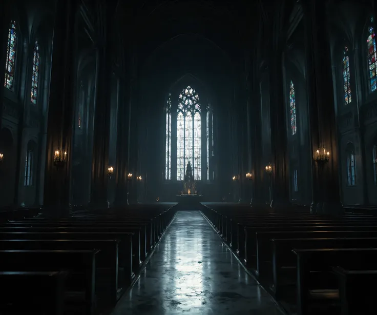 A grand, dimly lit cathedral stands in solemn silence. Tall, intricate stained-glass windows cast fragmented, ethereal light onto the polished marble floor, creating an otherworldly glow. The long wooden pews are empty, their dark wood worn smooth by time ...