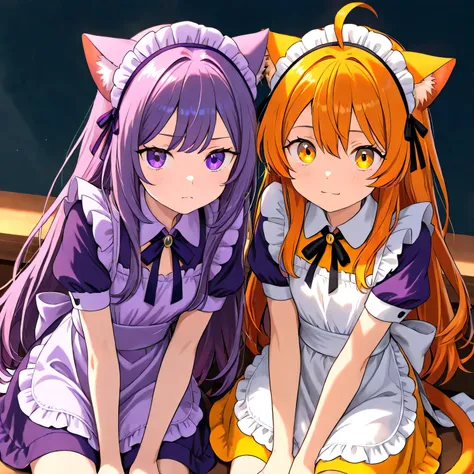 two cat girls. They're sitting next to each other. They both have long hair and average height. One has yellow-orange hair, yellow-orange eyes, and a yellow-orange maid costume. The other has purple hair, purple eyes, and a purple maid costume.