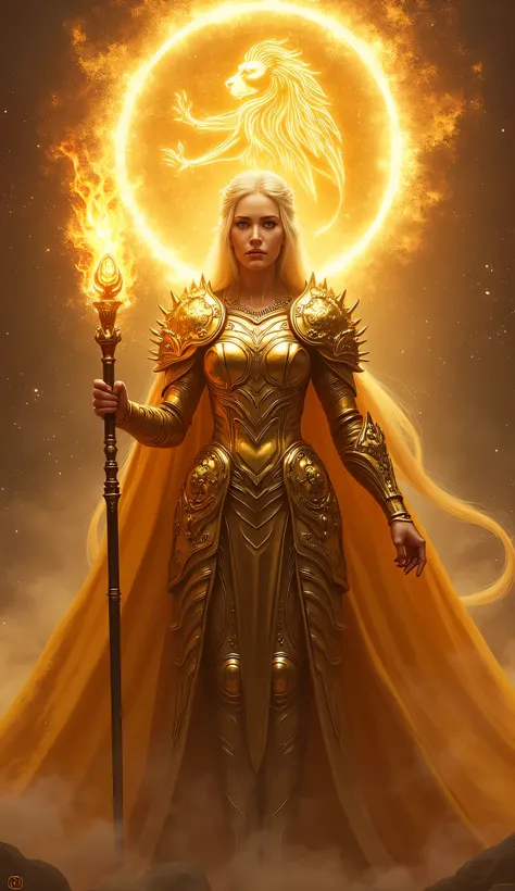  A majestic queen wears golden armor and holds a flaming scepter. Above your head,  the Leo symbol pulsates like a living constellation , crowning her as the sovereign of the cosmos .