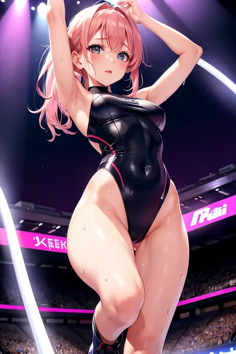  Hi-Res,  top quality,   ultra quality ,  super detailed,  cinematic lighting、Pole dance show 、Wearing sweat、 sweaty、 open her legs、 gorgeous leotard、 open、On the stadium stage