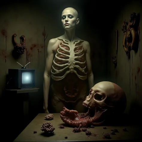 "( Best Lighting , high contrast , dark, dramatic),( next to a giant jelly skull, Open the female rib cage , , postmortem, Human bones, blood on the walls), there is television . light caravaggio"