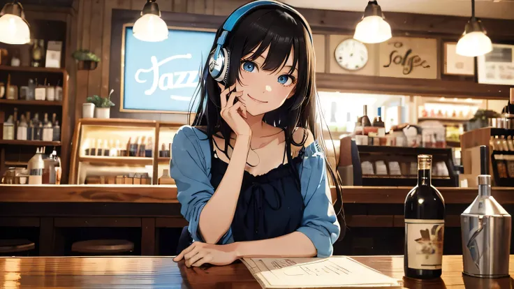  Ghibli style , cute girl, dark hair, semi-long hair, black hair semi-long ,sexy blue eyes,  sexy face, The empty light blue dress from before,80's style, blue headphones, blackish blue eyes 、 bad smile、 and laugh、jazz、bar、jazzカフェ、Inside the store、 cafe co...