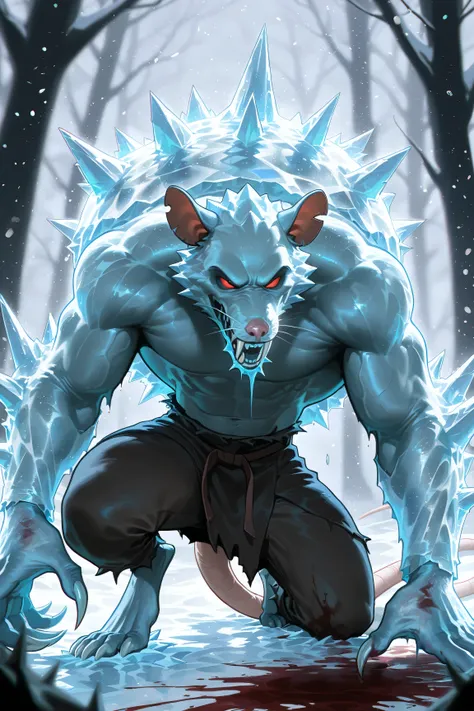 1monster, Rat, Mutant rat, Muscular, Aberration, Huge claws, Fangs, Blood, Ice spikes all over the body, Frozen skin, Frost, Dark forest, Snowing