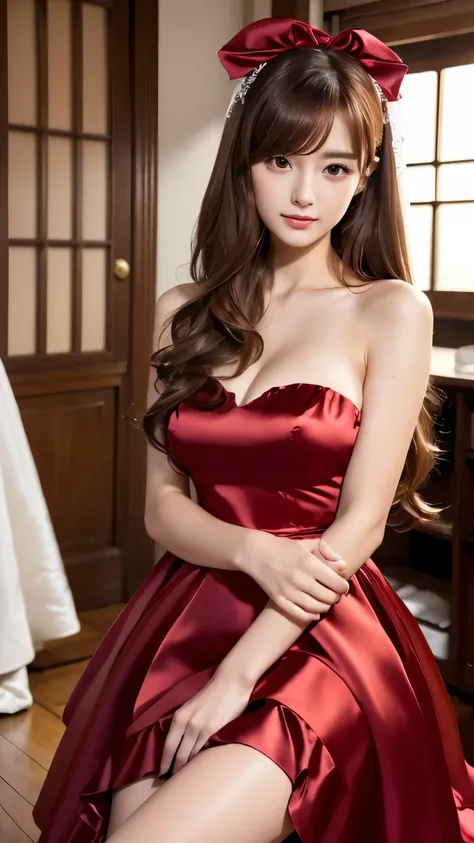 (((Top Quality))), (((Masterpiece))), (((Detail))), tall, looking at camera, face-to-face, wine-red shiny silk satin ruffle girly empire length wedding dress, hands thrust forward, Japanese, brown hair, long hair, gorgeous room,. Gorgeous ribbon hair acces...