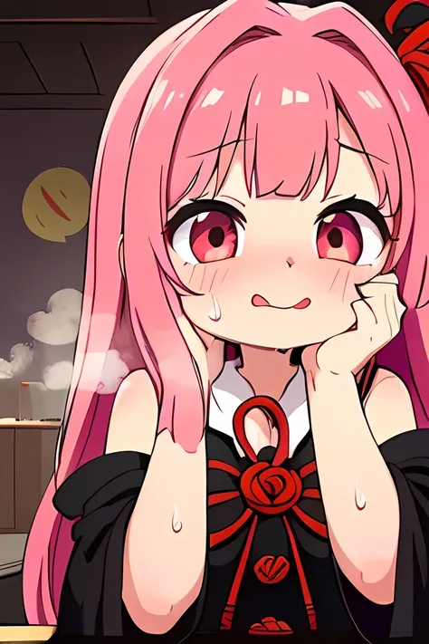 kotonoha akane,(( is puzzling)),Small eyes, Eyeliner,round face,(hair ribbon),pink hair,long hair,((( ecstatic face:1.4))),(((close your mouth:1.5))),( drool),(big breast),(( chubby)) ,((black dress)), detached sleeves, wide sleeves, bare shoulders ,(swea...
