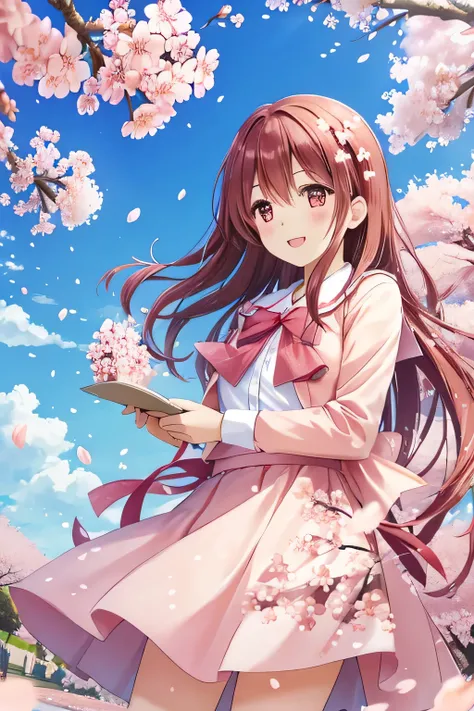 (Cherry blossom trees:1.3),(Cherry blossom petals fluttering all over the sky ),(Girls&#39; school uniform:1.7),(Graduation Ceremony,celebrate,smile, girl),( floral hair ornament,Floral braided top knot, twist side part ponytail , braided headband with flo...