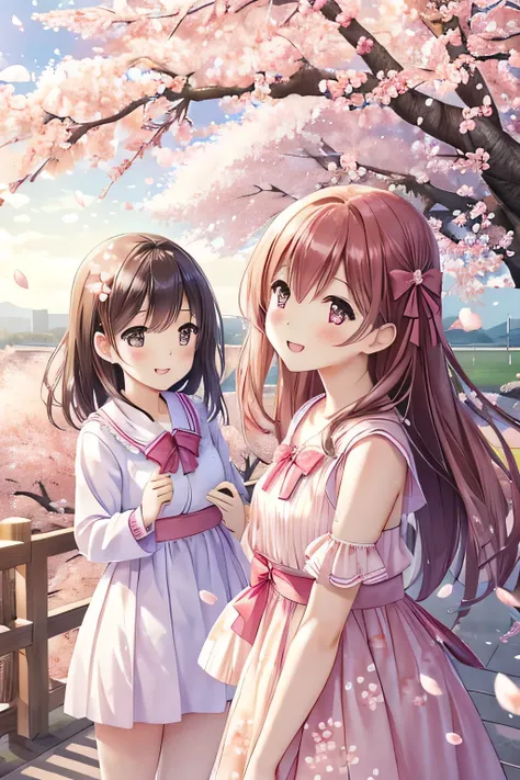 (Cherry blossom trees:1.3),(Cherry blossom petals fluttering all over the sky ),(Girls&#39; school uniform:1.7),(Graduation Ceremony,celebrate,smile, girl),( floral hair ornament,Floral braided top knot, twist side part ponytail , braided headband with flo...