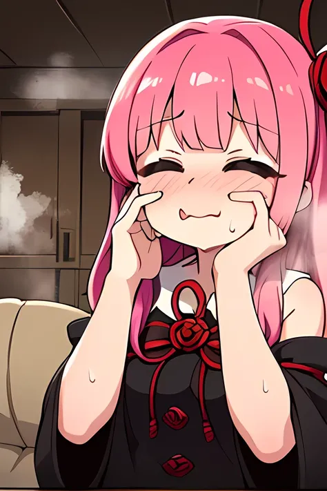 kotonoha akane,(( is puzzling)),Small eyes,((half closed eyes)),round face,(hair ribbon),pink hair,long hair,((( ecstatic face:1.4))),(((close your mouth:1.5))),( drool),(big breast),(( chubby)) ,((black dress)), detached sleeves, wide sleeves, bare shoul...