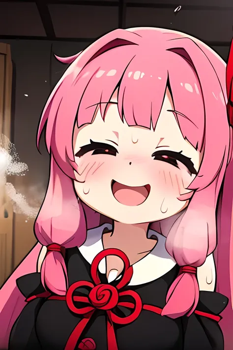 kotonoha akane,(( is puzzling)),Small eyes,((( Eyeliner))),round face,(hair ribbon),pink hair,long hair,(((moved face:1.4))),( drool),(big breast),(( chubby)) ,((black dress)), detached sleeves, wide sleeves, bare shoulders ,(sweat ),((( excited ))),(((st...