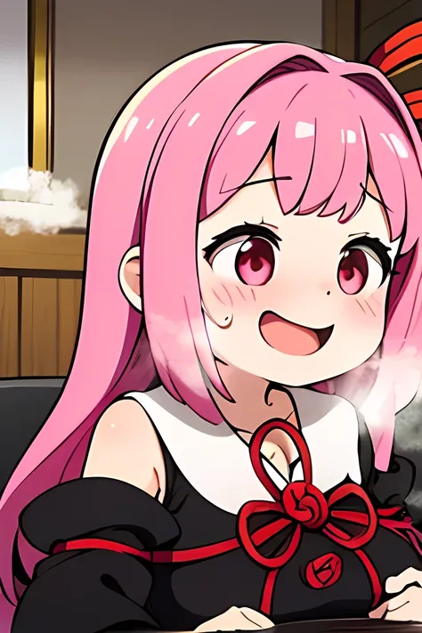 kotonoha akane,(( is puzzling)),Small eyes,((( Eyeliner))),round face,(hair ribbon),pink hair,long hair,(((moved face:1.4))),( drool),(big breast),(( chubby)) ,((black dress)), detached sleeves, wide sleeves, bare shoulders ,(sweat ),((( excited ))),(((st...