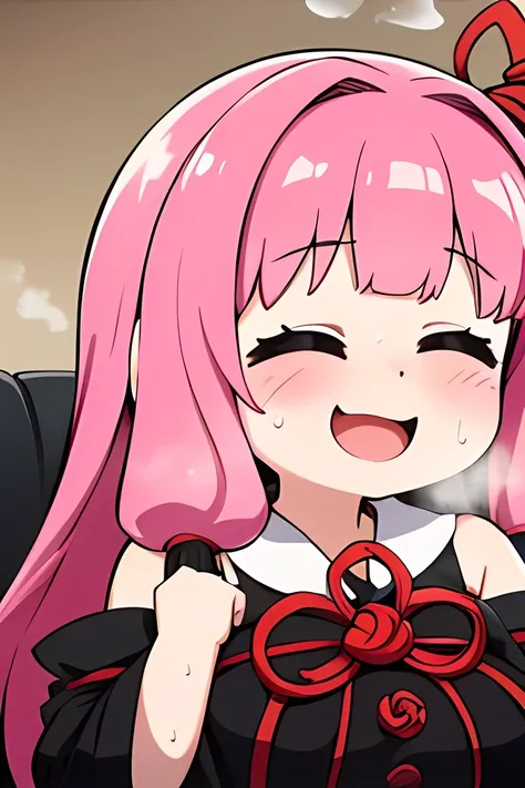 kotonoha akane,(( is puzzling)),Small eyes,((( Eyeliner))),round face,(hair ribbon),pink hair,long hair,(((moved face:1.4))),( drool),(big breast),(( chubby)) ,((black dress)), detached sleeves, wide sleeves, bare shoulders ,(sweat ),((( excited ))),(((st...