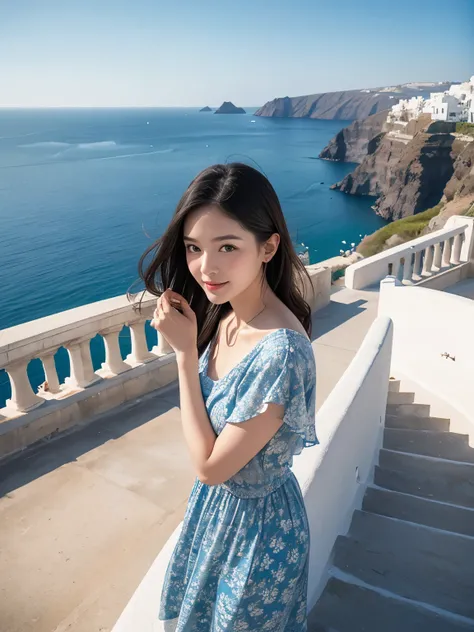 The photo of beautiful woman , highest quality、8K、Perfect Face、Perfect Style、perfect body、model、Sunburn、beautiful lady、mature、Swept-back hair, sexy 、charming、healthy、smile、Generate an image of a woman standing on a picturesque staircase overlooking the sea...