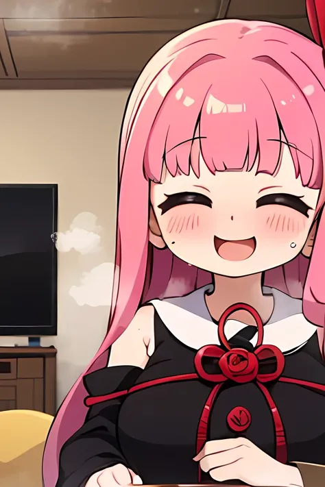 kotonoha akane,(( is puzzling)),Small eyes,((( Eyeliner))),round face,(hair ribbon),pink hair,long hair,(((moved face:1.4))),( drool),(big breast),(( chubby)) ,((black dress)), detached sleeves, wide sleeves, bare shoulders ,(sweat ),((( excited ))),(((st...