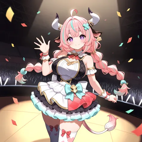 masterpiece, best quality, very aesthetic, absurdres, safe,1girl,solo,big breasts,idol dress,cute dress,fluffy skirt,layered skirt,concert stage,crowd,lightsticks,idol stage,spotlight,confetti,smile,blush,bare shoulders,standing,idol pose, Varesa, cow ears...