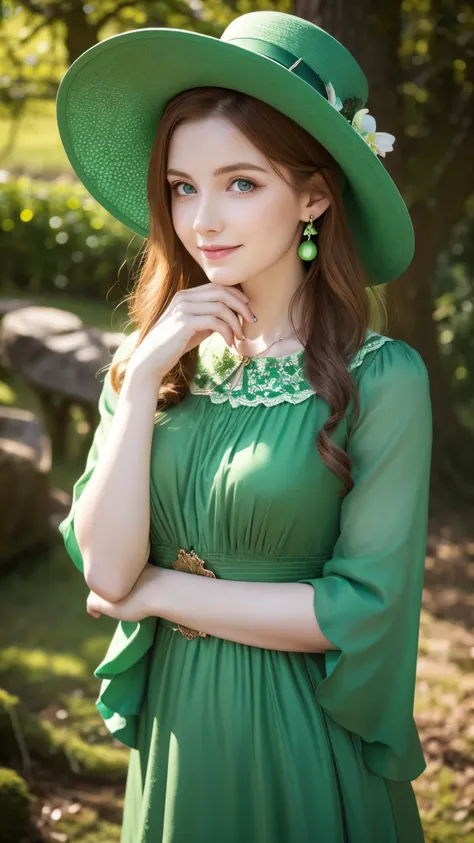 best quality, professional lighting, natural light, super detailed, realistic, beautiful detailed eyes,a fairytale scene, St.Patrick's Day,1girl, 18 yo,kawaii,pale skin, green eyes, ginger hair, makeup, earrings, green dress, clover necklace, ireland,cowbo...