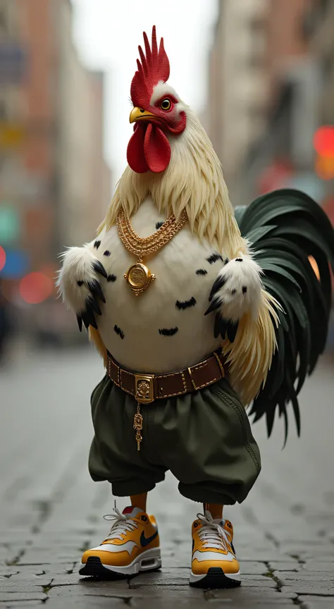 Realistic rooster standing on hind legs facing forward, wearing gold chains, Rolex watch and big gold ring. Wearing cool baggy pants. I am wearing Nike Air Max 90 shoes. He has soft fur with black spots, and I have real feet. Background is a city. Focus on...