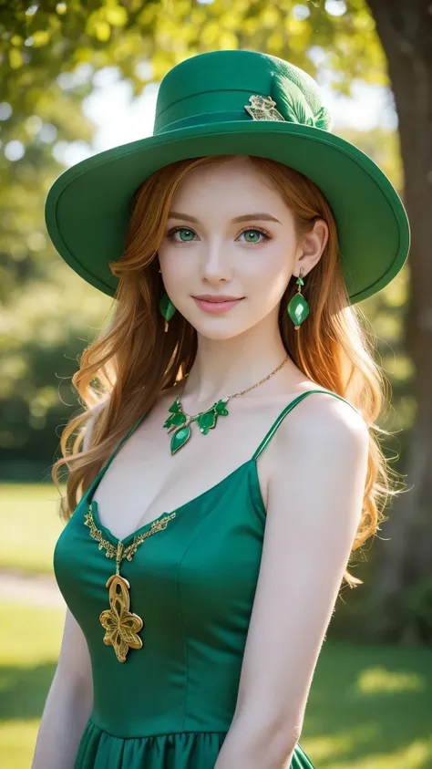 best quality, professional lighting, natural light, super detailed, realistic, beautiful detailed eyes,a fairytale scene, St.Patrick's Day,1girl, 18 yo,kawaii,pale skin, green eyes, ginger hair, makeup, earrings, green dress, clover necklace, ireland,cowbo...