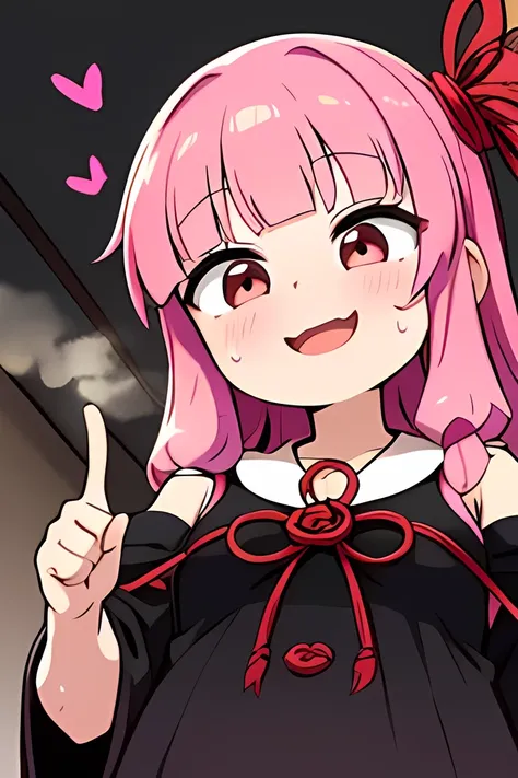 kotonoha akane,(( is puzzling)),Small eyes,((( Heart Eyes ))),round face,(hair ribbon),pink hair,long hair,(((open your mouth :1.4))),(((One double tooth)))),(big breast),(( chubby)) ,((black dress)), detached sleeves, wide sleeves, bare shoulders ,(sweat...