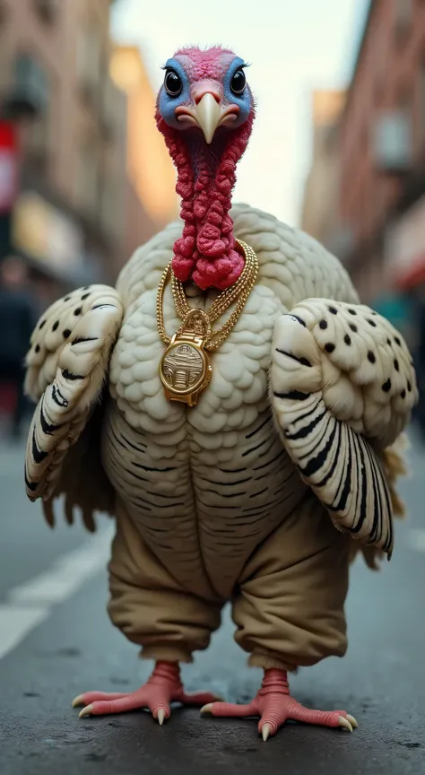 Realistic turkey standing on his hind legs facing forward, wearing gold chains, a Rolex watch and a big gold ring. He is wearing cool baggy pants. I am wearing Nike Air Max 90 shoes. He has soft fur with black spots, and I have real feet. The background is...