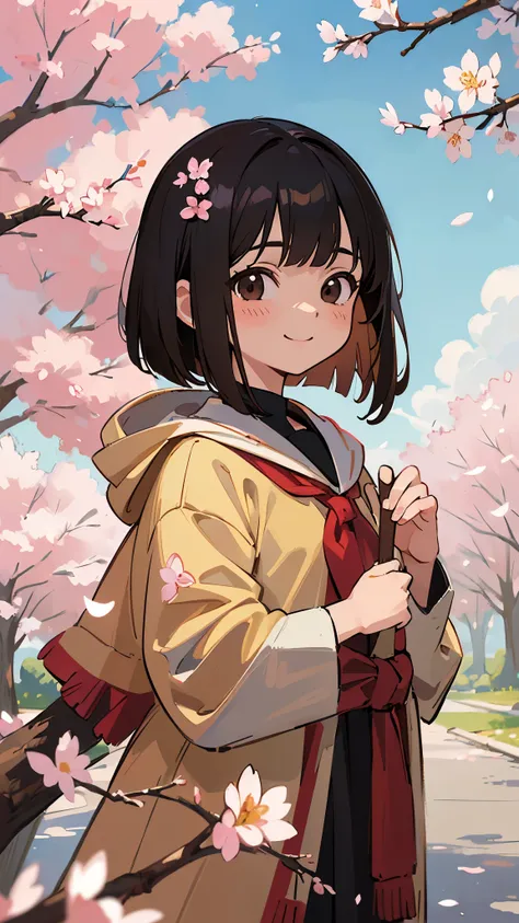 (( Masterpiece))、(( top quality))、( super detailed)、( pro pics)、( anime style painting:1.3)、 girl、 is standing、poncho、 glossy black hair、 straight bob hair、stupid hair、Brown eyes、 droopy eyes 、smile、 upper body closeup、cherry blossom street tree background...