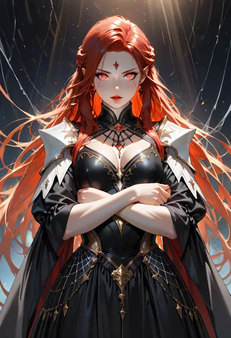 dark fantasy art, a picture of a fantasy, beautiful female vampire, best detailed face,  pale skin, blond hair, glowing eyes, red eyes, wearing black dress, silk dress, intricate dress, hugging a  man, muscular man, best detailed face, wearing white armor,...