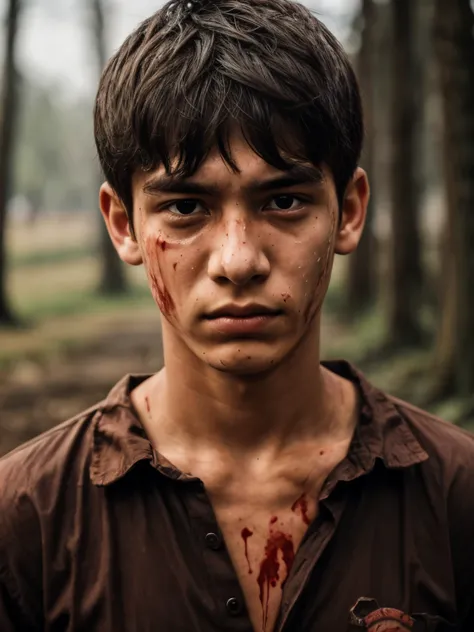  Portrait of a 16-year-old boy, minute,very thin , hollowed face , skinny face ,  sad and angry,  closed lips ,  medium-short hair  ,  suffering eyes ,  dirty with mud  ,  blood splashes on her face ,  wears a brown blouse ,  blouse soiled with mud and blo...