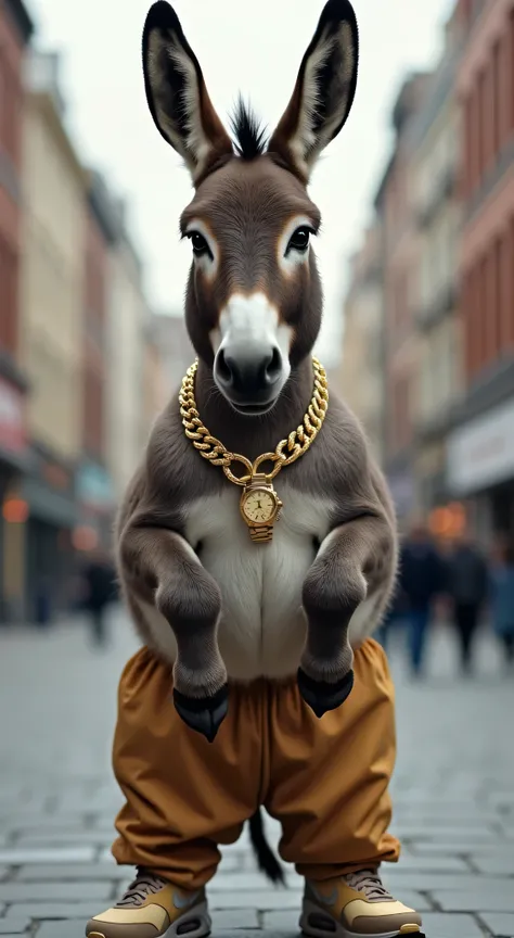 Realistic donkey standing on its hind legs facing forward, wearing gold chains, a Rolex watch and a big gold ring. He is wearing cool baggy pants. I am wearing Nike Air Max 90 shoes. He has soft fur with black spots, and I have real feet. The background is...