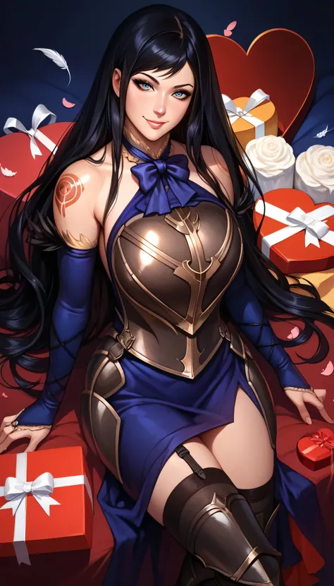 smile, valentine, , looking_at_viewer, , breasts, , gift, belt, large breast, , box, , , chocolate,  shanCV, long hair, black hair, blue eyes, blue dress, bare shoulders, tattoo, blue bowtie, armor, breastplate, bridal gauntlets, feather trim, black thighh...