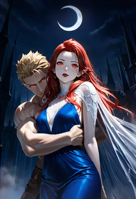 dark fantasy art, a picture of a fantasy, beautiful female vampire, best detailed face, pale skin, blond hair, glowing eyes, red eyes, wearing blue dress, silk dress, intricate dress, hugging a man, muscular man, best detailed face, wearing white armor, ...