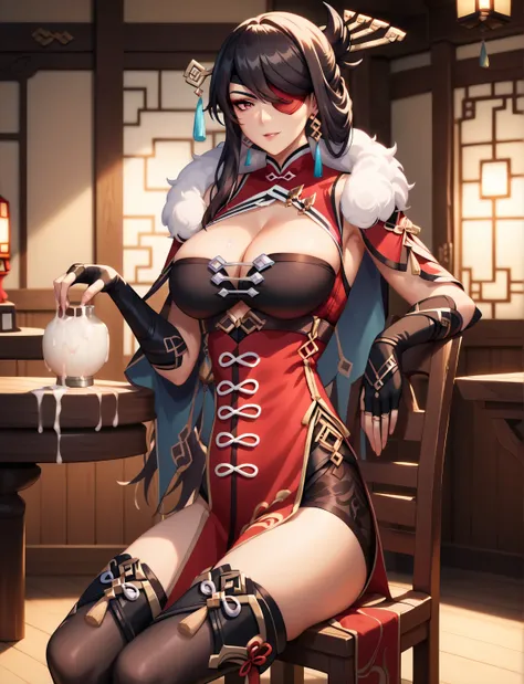 masterpiece, best quality, anime screenscap, beidou, genshin impact, long hair, black hair, swept bangs, red eyes, ((mature female, sexy body, large breast)) hair stick, hair ornament, eyepatch, chinese clothes, cleavage, fur trim, black thighhighs, pelvic...