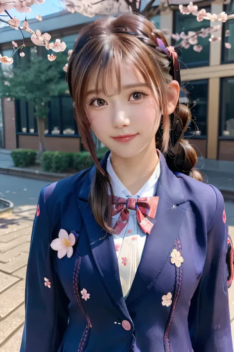 (Cherry blossom trees:1.3),(Cherry blossom petals fluttering all over the sky ),(women's blazer school uniform:1.7),(Graduation Ceremony,celebrate,smile, girl),( floral hair ornament,Floral braided top knot, twist side part ponytail , braided headband with...