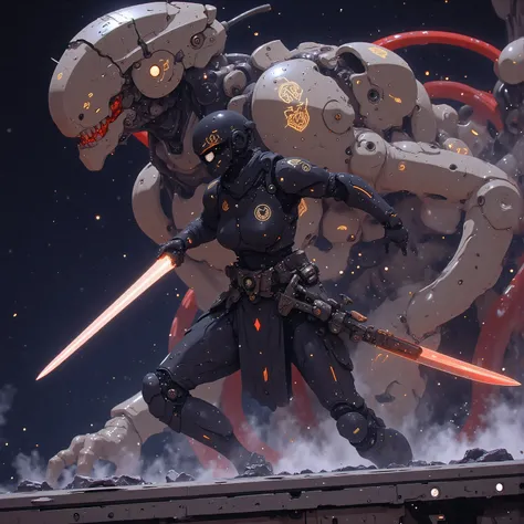 The cybernetic samurai sprints along the warship's photon cannon array, her visor's nebula patterns shifting to combat mode. A mecha ryū guardian materializes from distorted spacetime behind her, its body constructed from overlapping event horizon fragment...