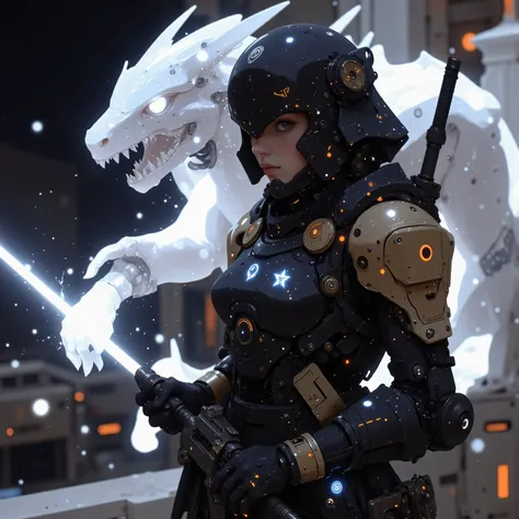 On the observation platform of a gargantuan star-faring warship, a cybernetic female samurai maintains her battle stance, obsidian helm displaying real-time tactical constellations. A spectral mecha-dragon materializes behind her in crackling plasma energy...