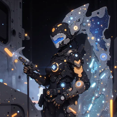 A cybernetic cosmic samurai stands battle-ready on the warship's quantum-core platform, her visor's nebula display tracking potential threats. Emerging from warped spacetime behind her, a crystalline mecha-dragon guardian materializes - its prismatic body ...