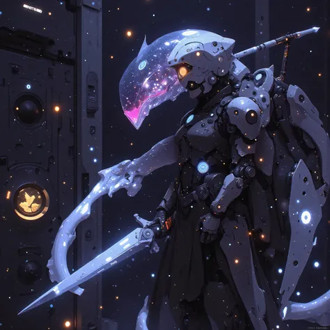 A cybernetic cosmic samurai stands battle-ready on the warship's quantum-core platform, her visor's nebula display tracking potential threats. Emerging from warped spacetime behind her, a crystalline mecha-dragon guardian materializes - its prismatic body ...