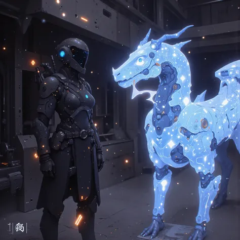A cybernetic cosmic samurai stands battle-ready on the warship's quantum-core platform, her visor's nebula display tracking potential threats. Emerging from warped spacetime behind her, a crystalline mecha-dragon guardian materializes - its prismatic body ...